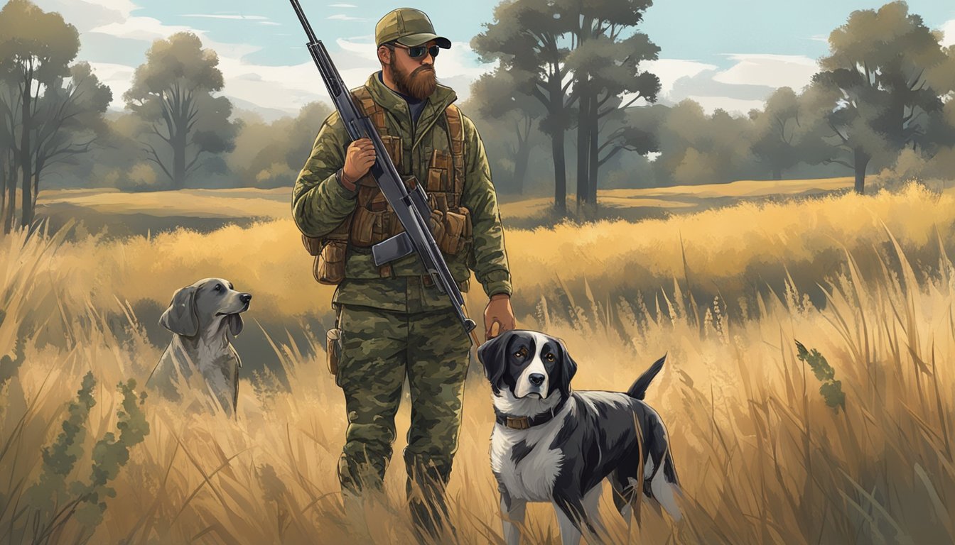 A hunter in camouflage gear standing in a field, holding a shotgun and accompanied by a trained hunting dog. The landscape is dotted with trees and tall grass