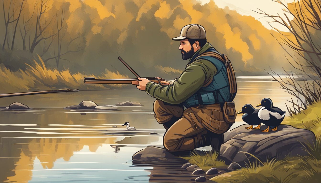 A hunter cleans ducks by a river after a successful hunt