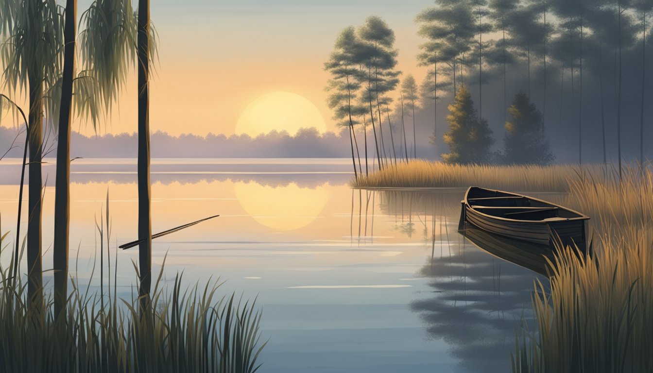 A serene lake at dawn, surrounded by tall reeds and trees. A wooden hunting blind sits at the water's edge, with decoys floating on the calm surface