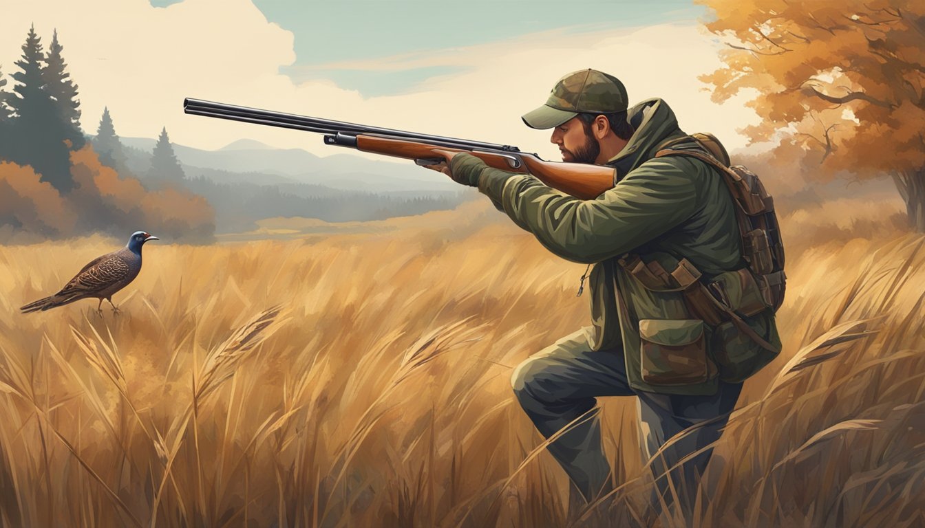 A hunter in camouflage aiming a shotgun at a flying pheasant in a field with tall grass and trees in the background