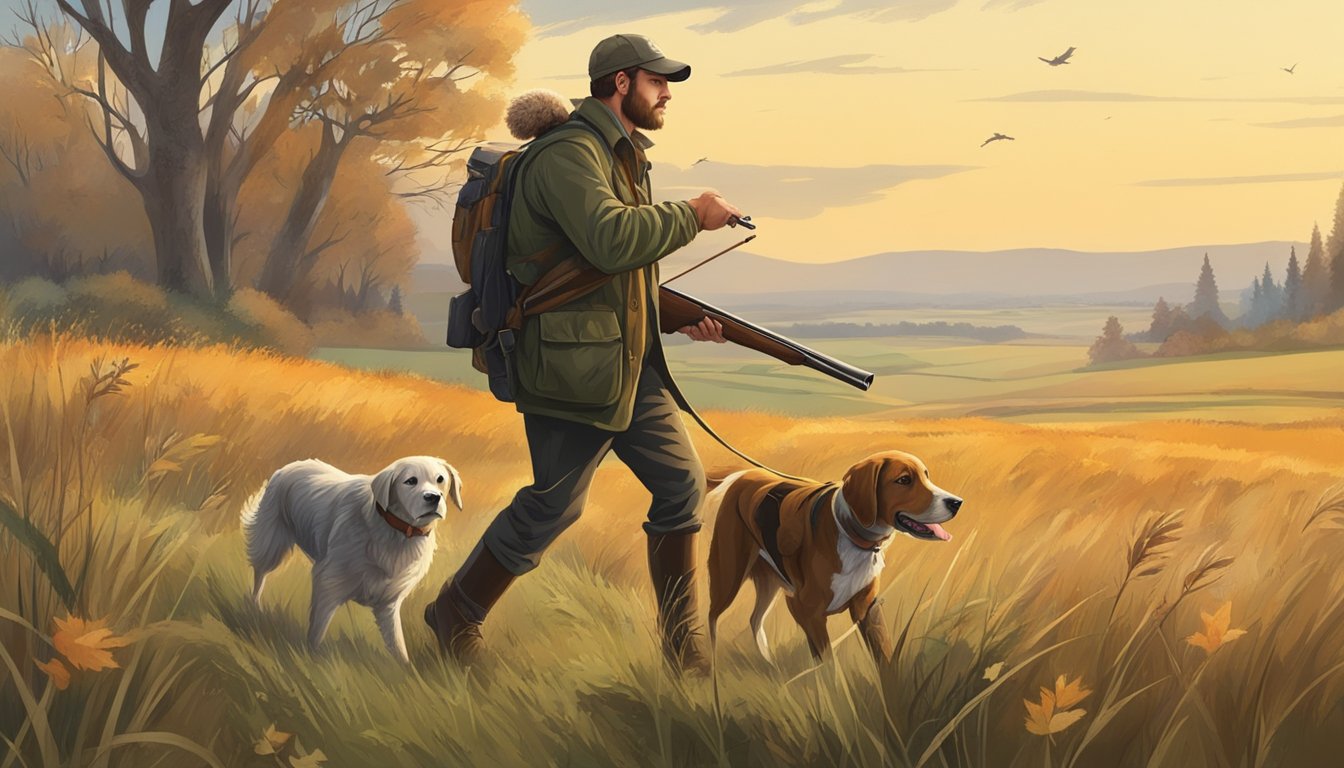 A hunter walking through a grassy field with a shotgun, accompanied by a loyal hunting dog, searching for pheasants in a rural setting