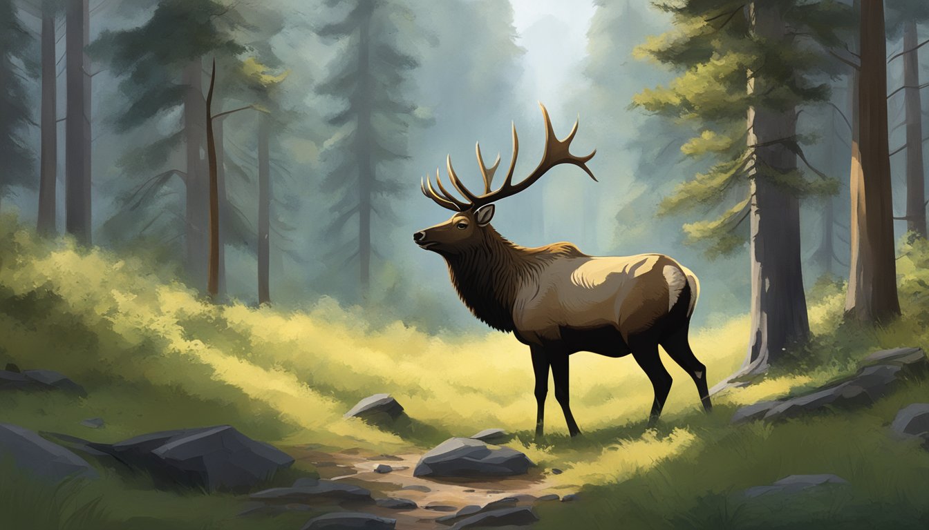 An elk grazing in a lush forest clearing, surrounded by tall trees and dense underbrush