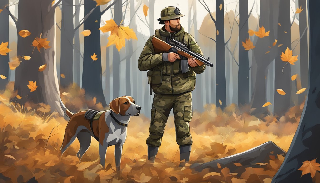 A hunter in camouflage gear holds a shotgun, surrounded by trees and fallen leaves. A hunting dog stands at the ready, sniffing the ground