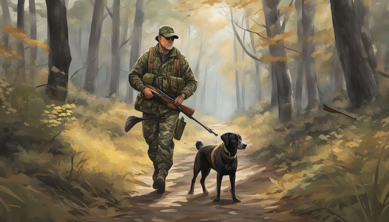 A hunter in camouflage gear walking through a wooded area, shotgun in hand, with a hunting dog by their side