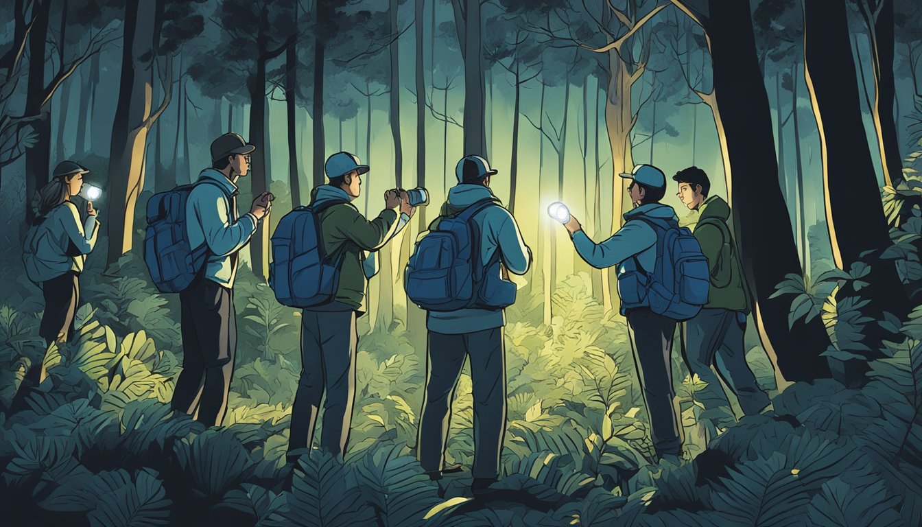 A group of people in a forest at night, holding flashlights and searching for something elusive