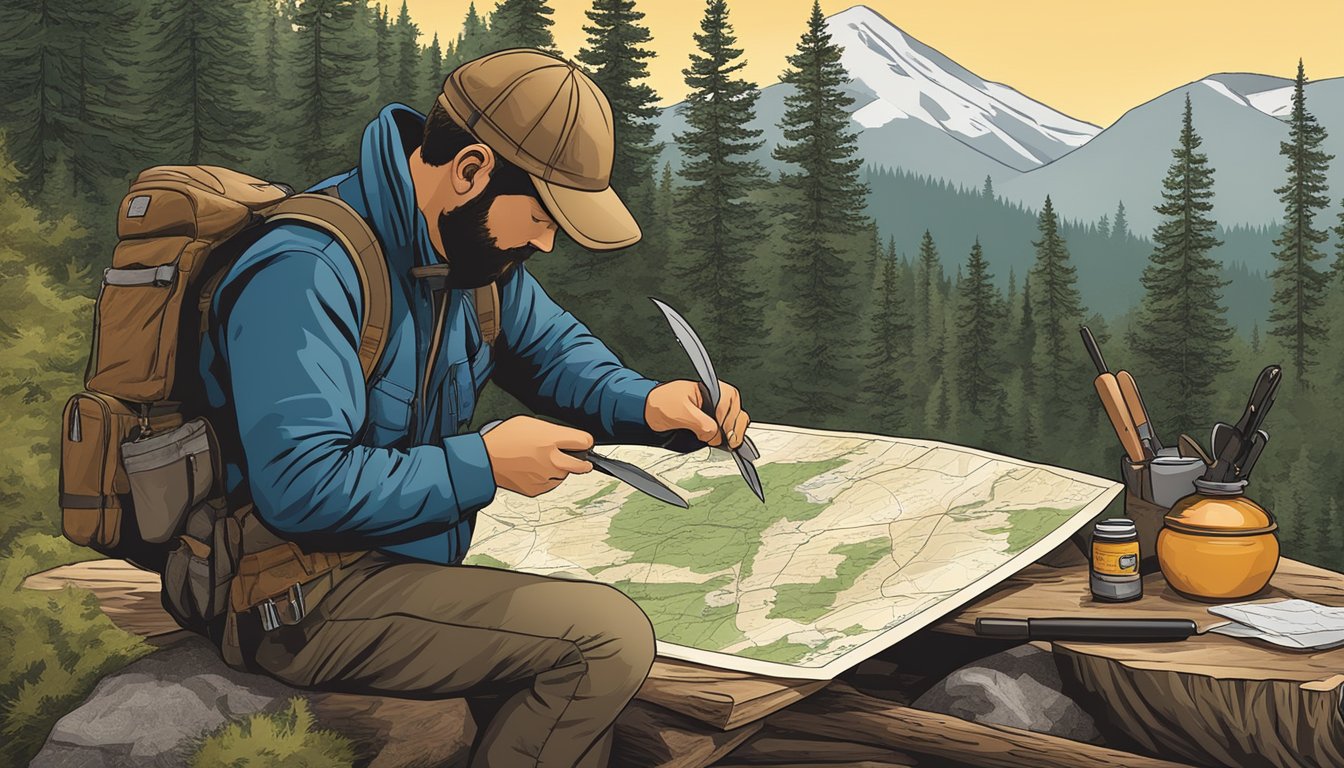 A hunter sharpening a knife, packing supplies, and checking a map before heading into the forest for an elk hunt