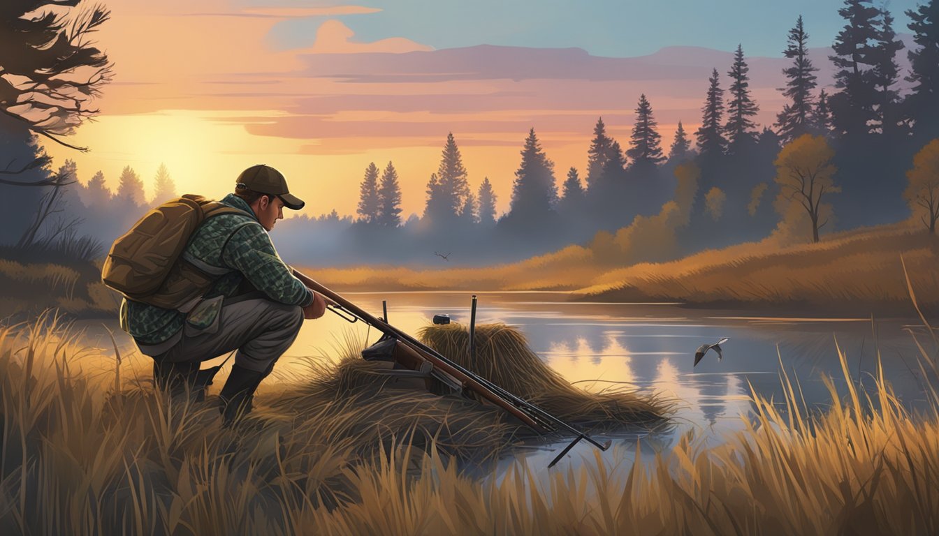 A hunter gathers supplies and sets up a blind for snipe hunting at dusk