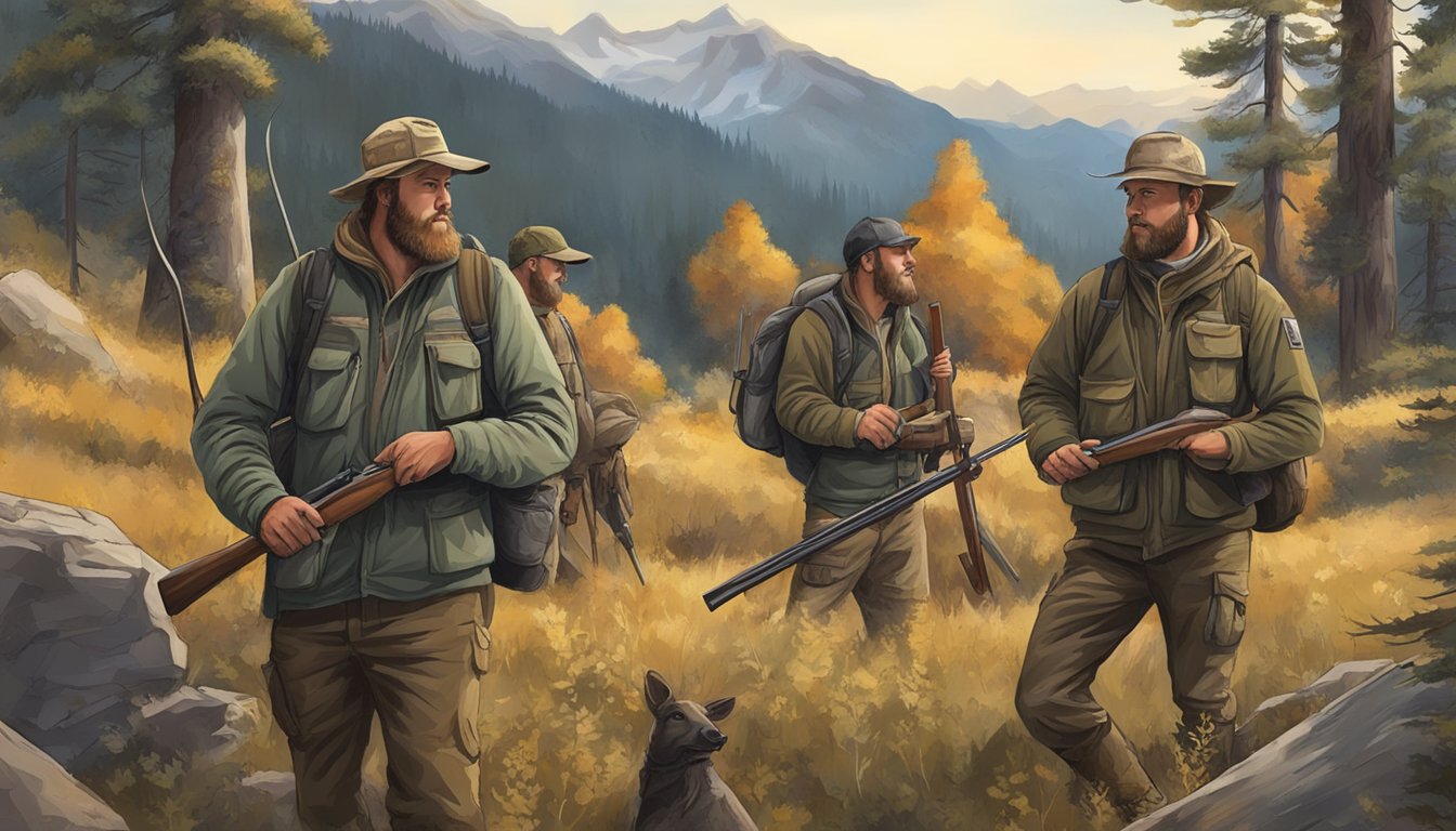 A group of beginners on an elk hunting trip, following ethical and legal guidelines, with proper gear and respect for the environment