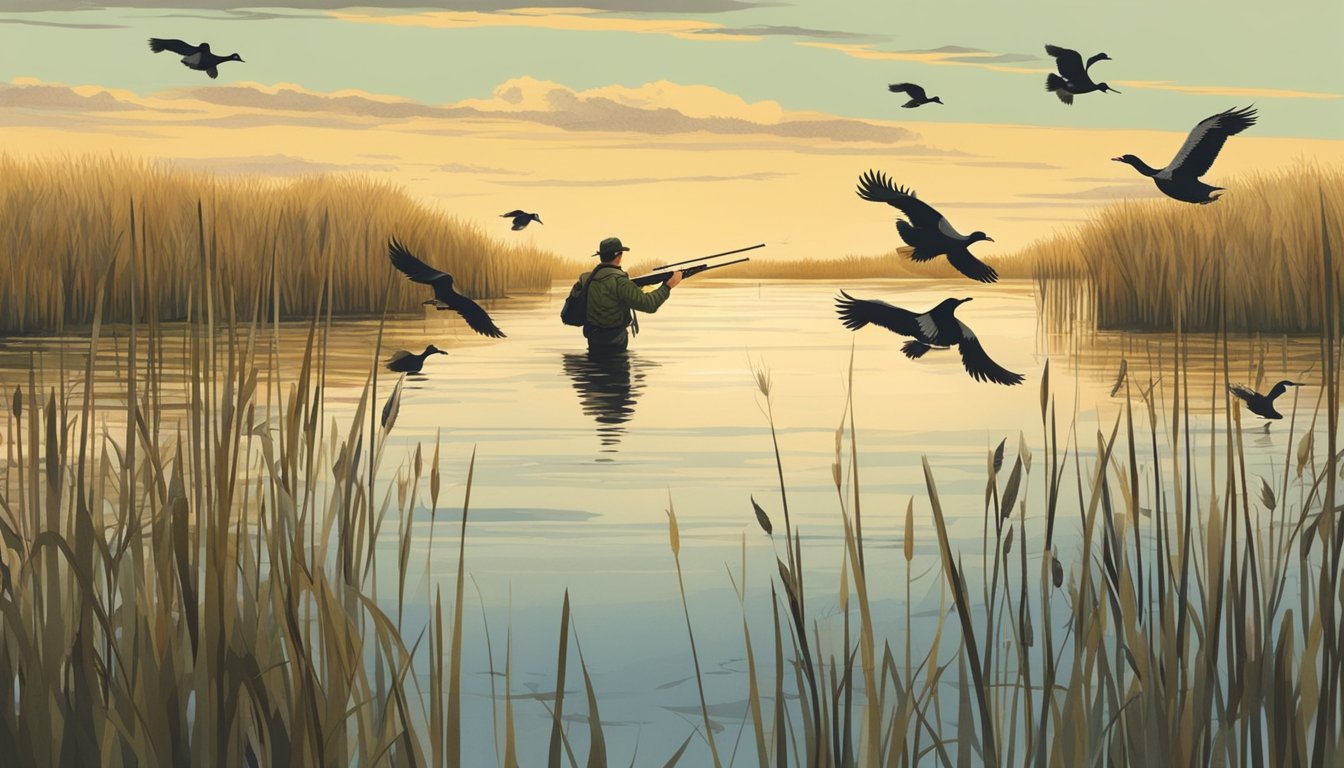 A hunter in camouflage wades through tall reeds, shotgun at the ready, as a flock of coots takes flight over a tranquil marsh