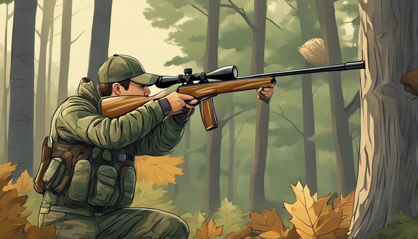 A hunter in camouflage aiming at a squirrel in a wooded area