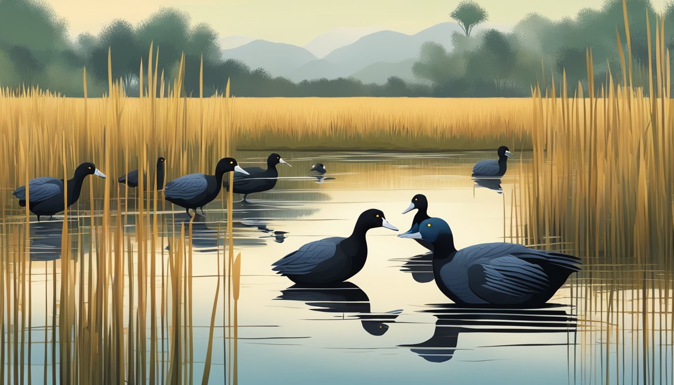 A group of coots hunting for food in a marshy wetland, surrounded by tall reeds and water