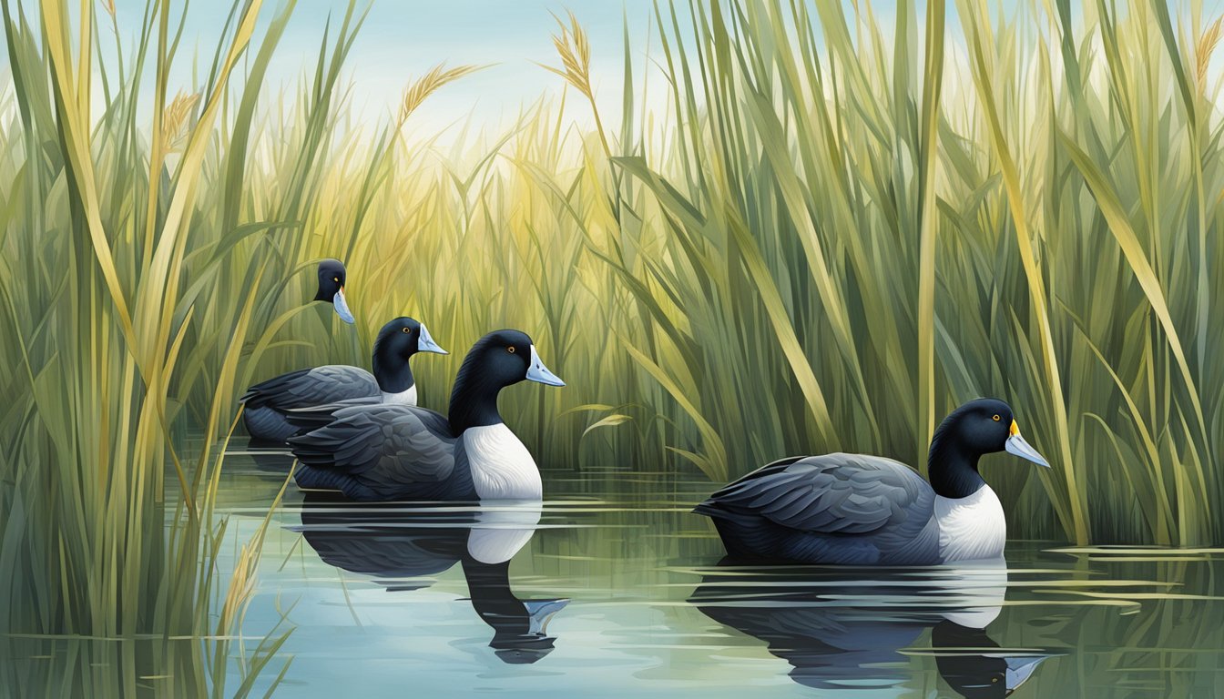 A group of coots swimming and diving in a marshy wetland, surrounded by tall reeds and grasses