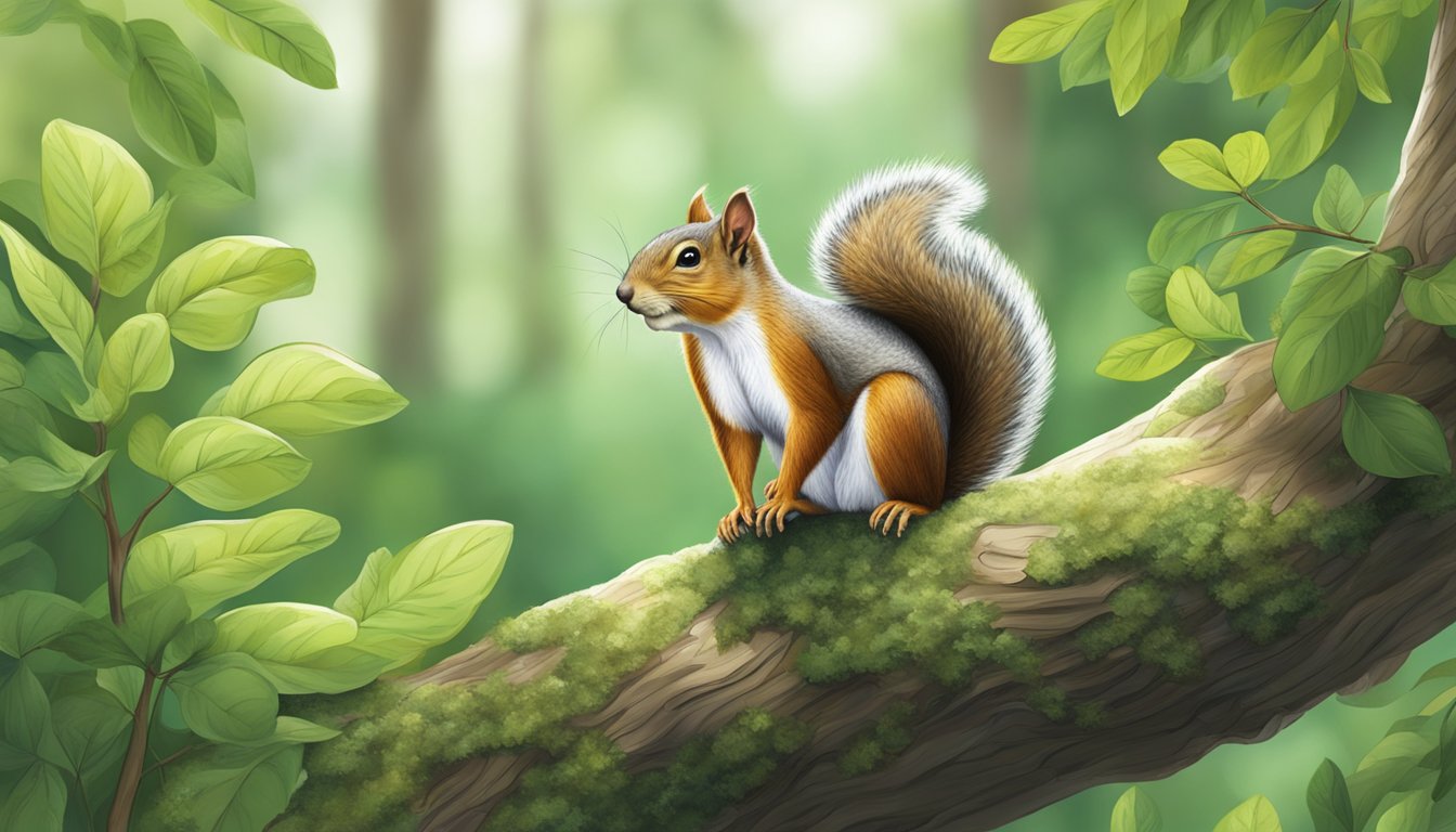 A squirrel perched on a tree branch, surrounded by lush green foliage in a peaceful forest setting