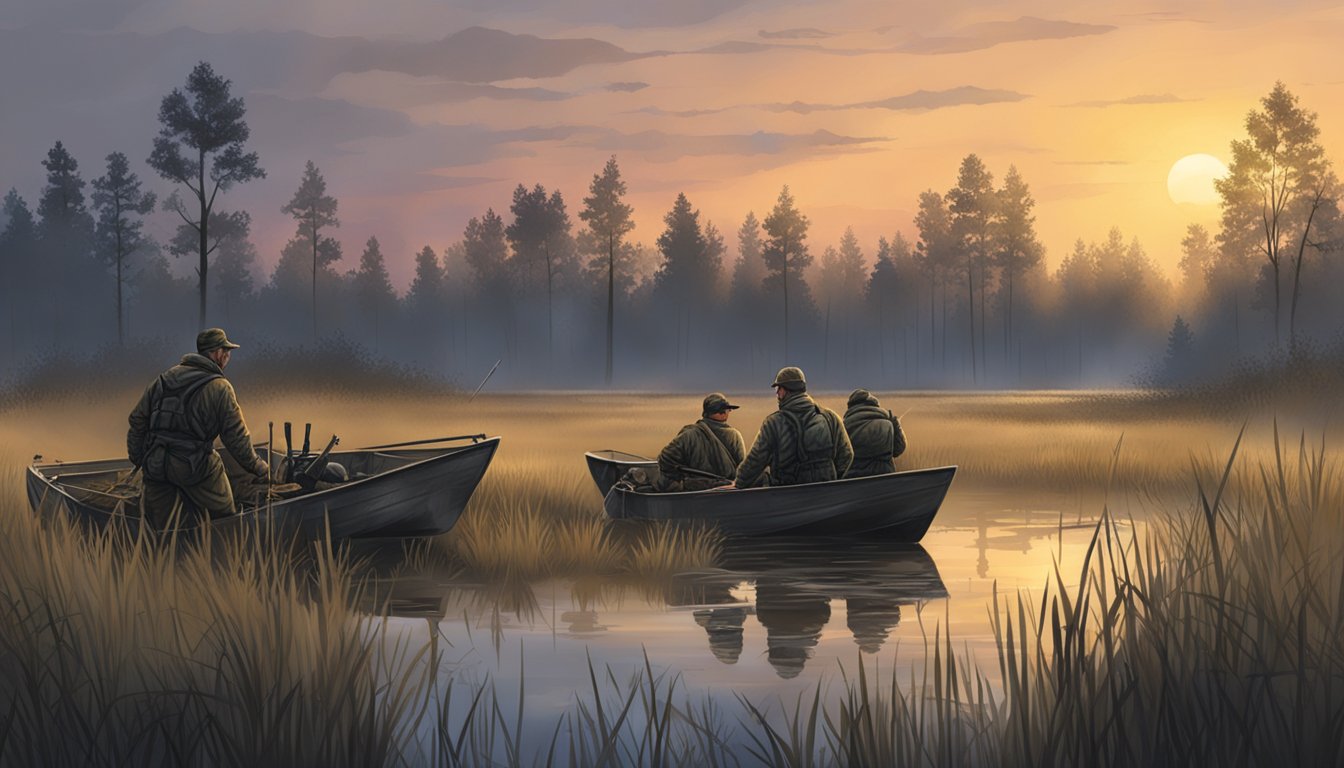 A group of hunters setting up decoys and hiding spots in a marshy field before dawn