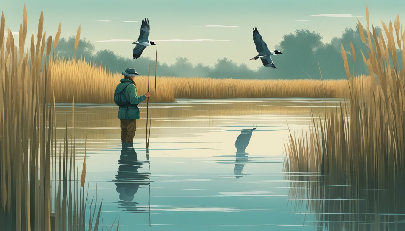 A hunter quietly waits in a marsh, surrounded by tall reeds and water. Teal ducks fly overhead, presenting a challenging target