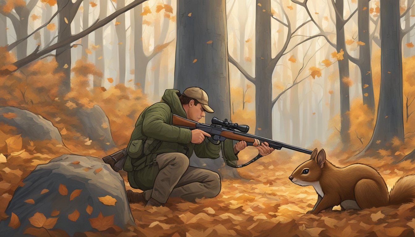 A hunter in a forest, aiming a rifle at a squirrel in a tree. The trees are bare, and the ground is covered in fallen leaves