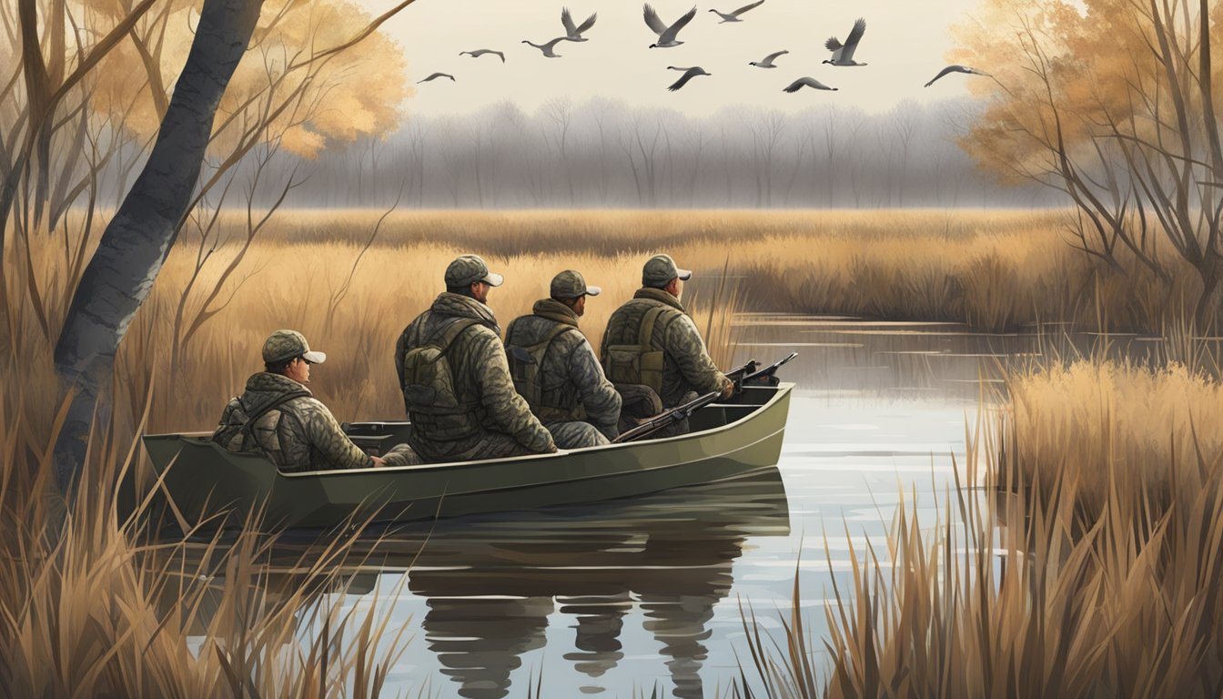 A group of hunters set up decoys in a marsh, hiding in camouflaged blinds. They call out to attract geese flying overhead, ready to take aim