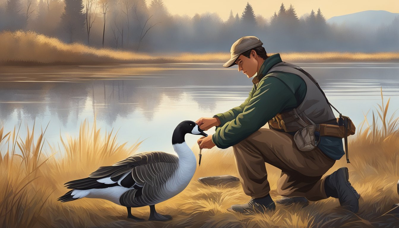 A hunter cleaning and plucking a goose by a tranquil lakeside