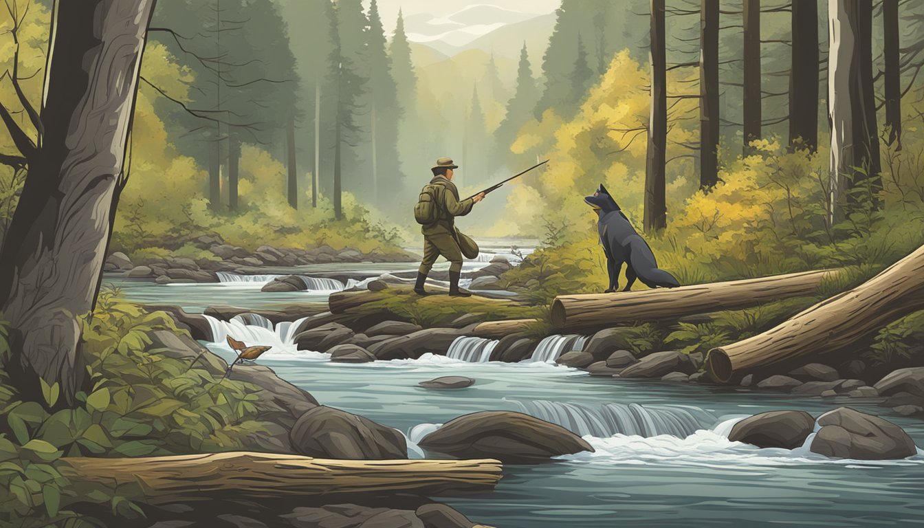 A fisher hunting in a dense forest, leaping across fallen logs and stalking its prey near a tranquil stream