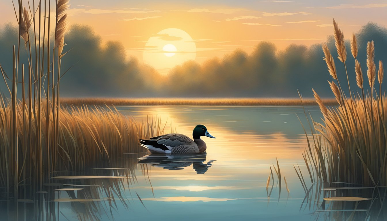 A serene marshland at sunrise, with a lone teal duck gliding gracefully over the calm water, surrounded by tall reeds and cattails