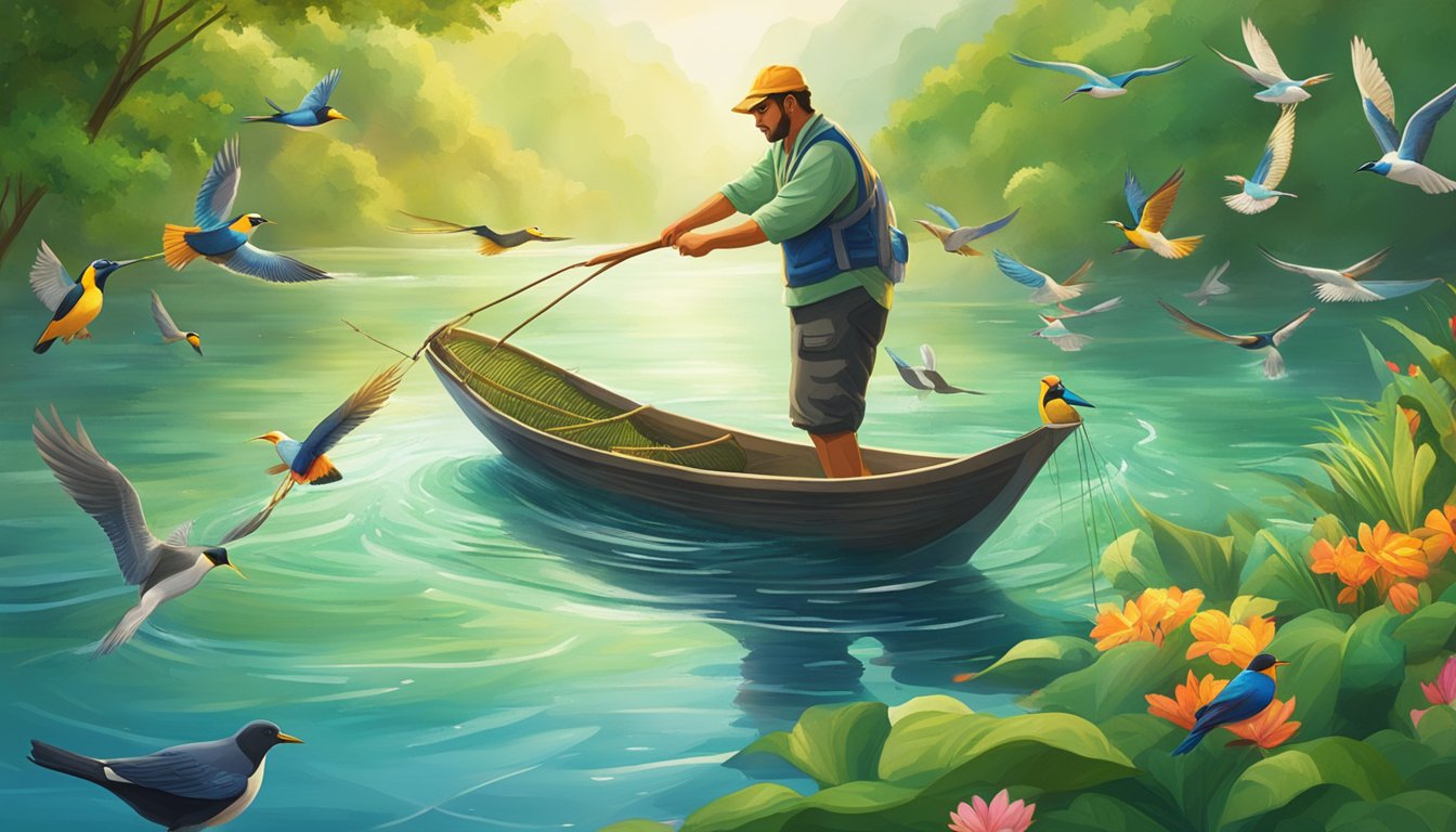 A fisherman casts a net into a shimmering river, surrounded by lush greenery and colorful birds