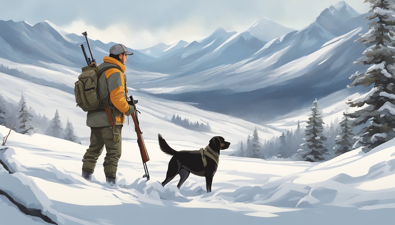 A hunter with a shotgun and hunting dog in a snowy, mountainous landscape, searching for ptarmigan birds