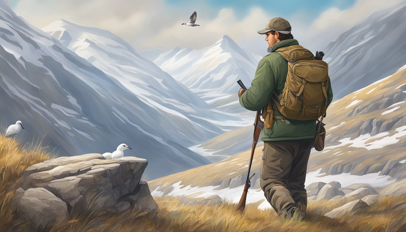 A hunter with a shotgun in a rugged mountain landscape, stalking a ptarmigan bird