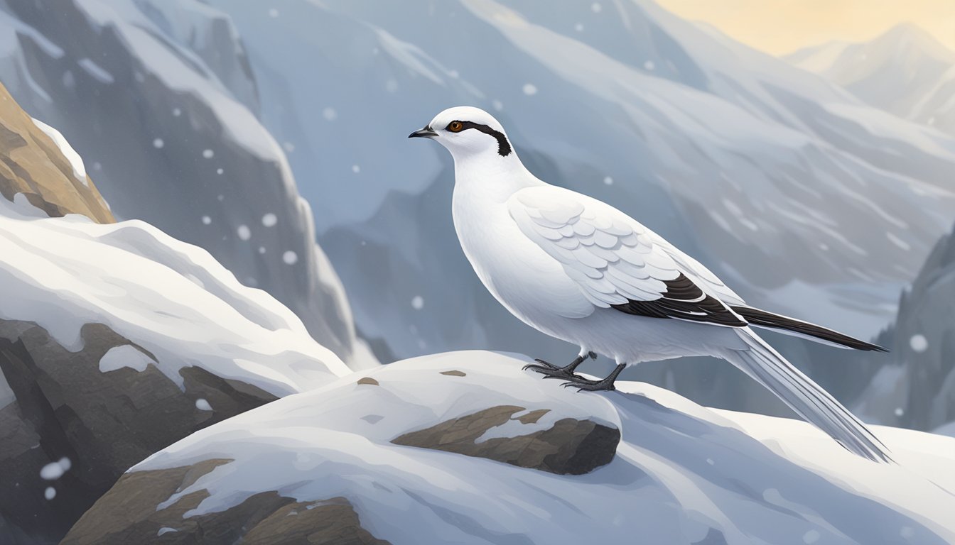 A ptarmigan perched on a snowy rock, blending into the wintry landscape as it hunts for food