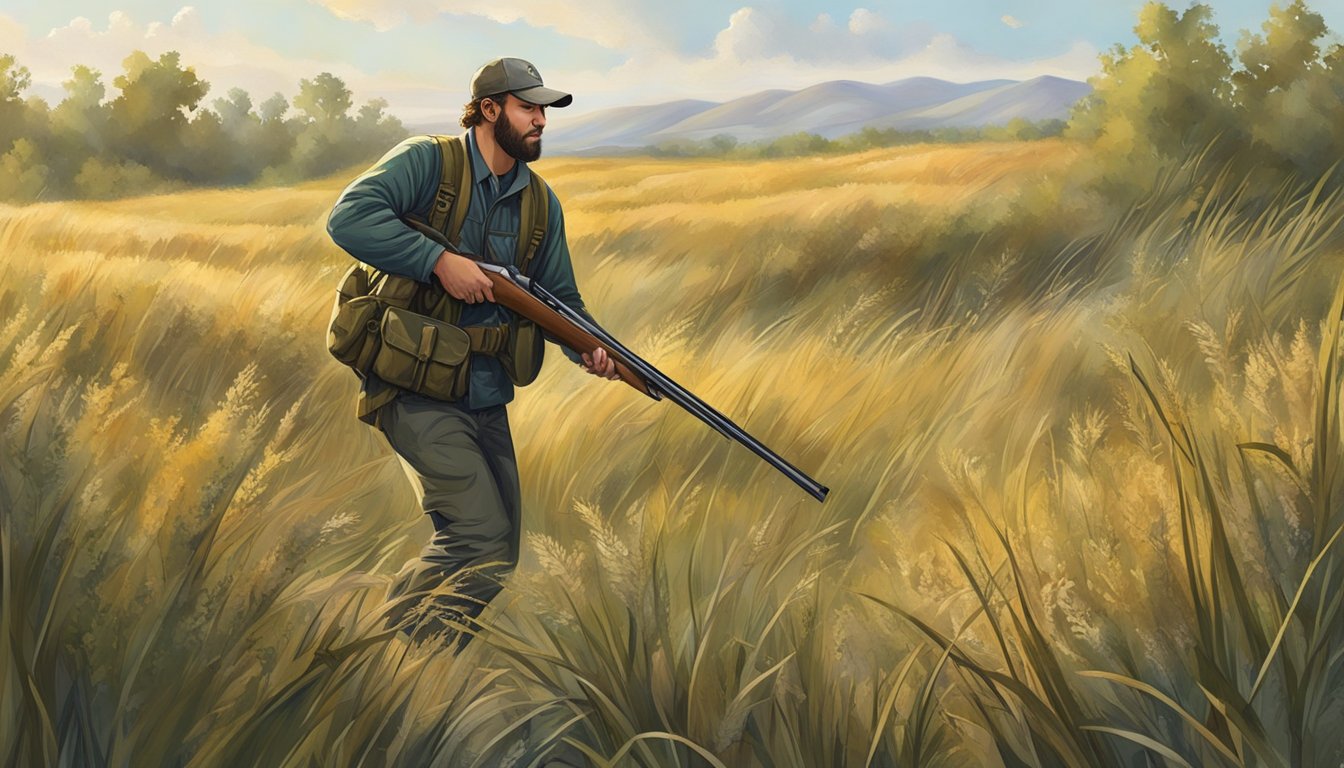 A hunter with a shotgun navigates through tall grass, searching for cottontail rabbits among various types of cover such as brush piles, thickets, and hedgerows