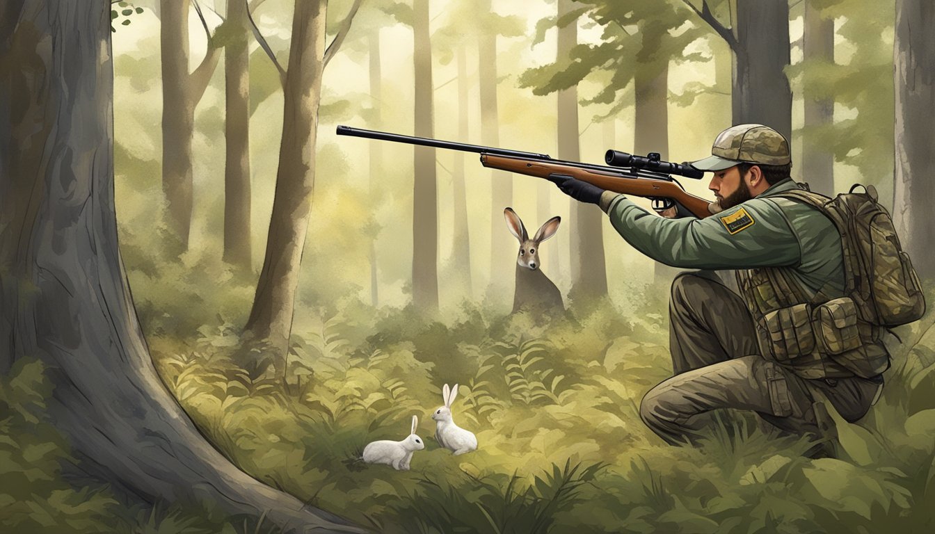 A hunter in camouflage aiming at a cottontail rabbit in a natural woodland setting