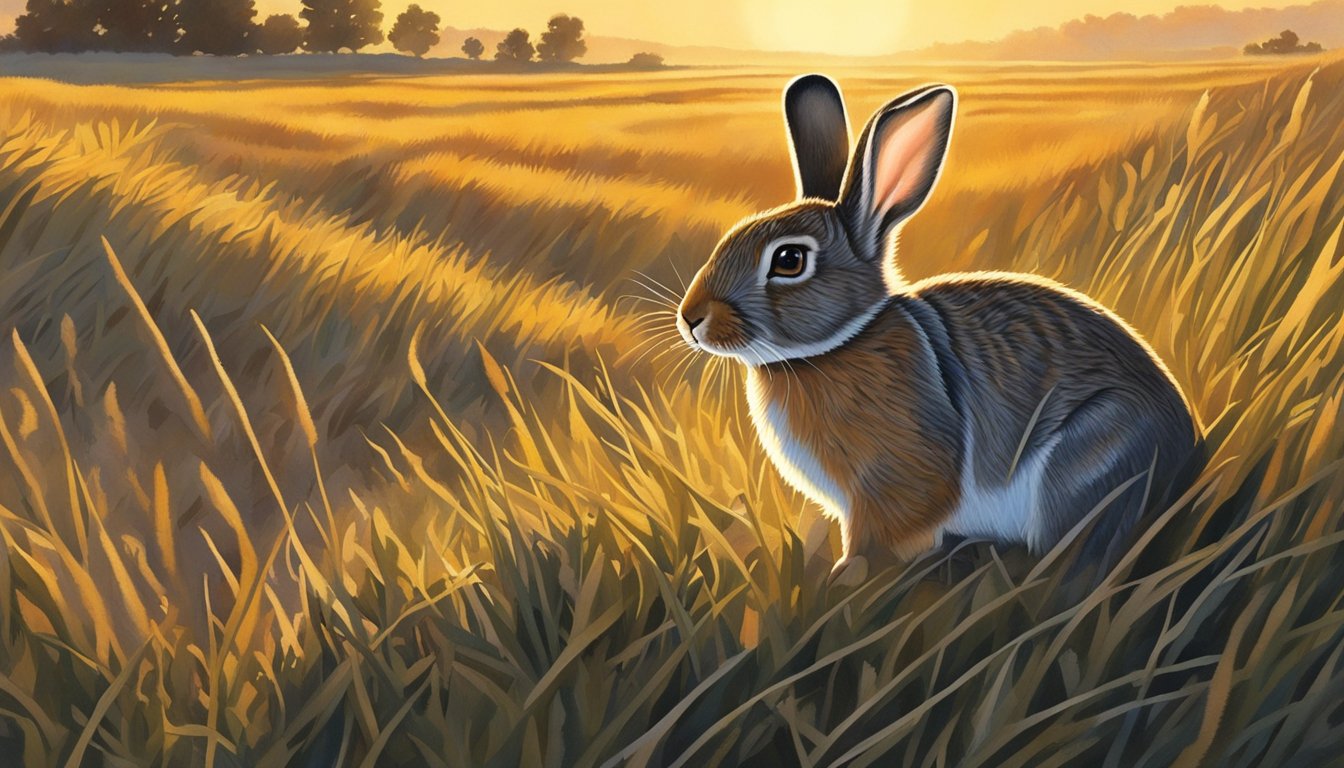 A cottontail rabbit cautiously emerges from its burrow as the sun sets, casting long shadows across the golden fields. The wind carries the scent of approaching rain, signaling the changing weather