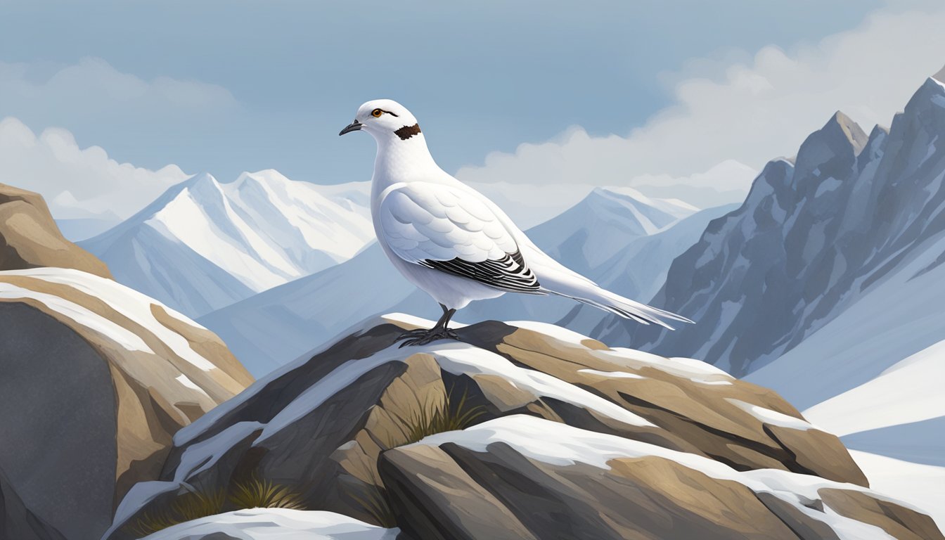 A ptarmigan perched on a rocky ledge, blending into its snowy mountainous surroundings, as it hunts for food