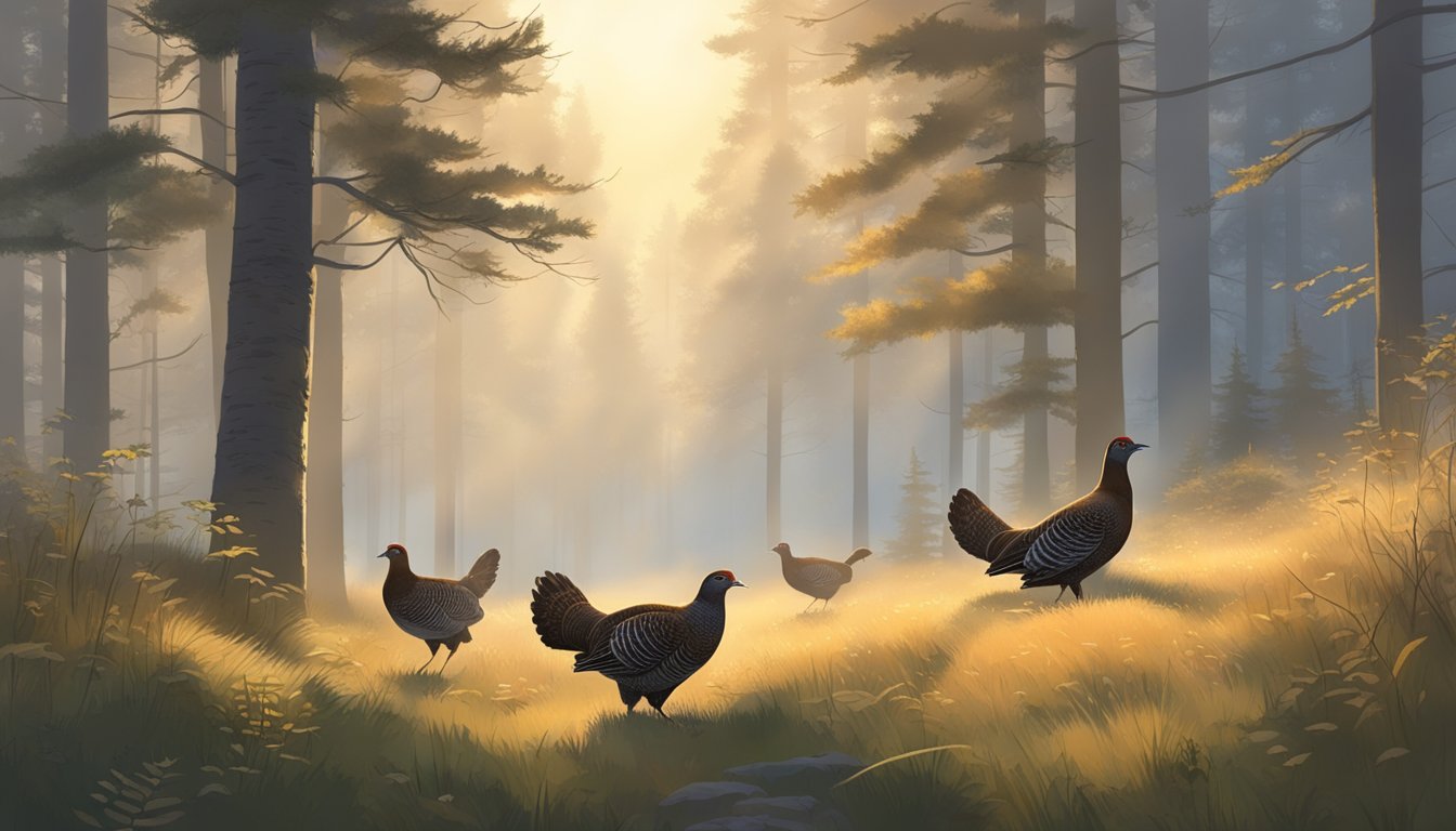 A serene forest clearing at dawn, with dew-covered grass and a gentle mist hanging in the air. A group of grouse pecking at the ground, as the sun begins to rise