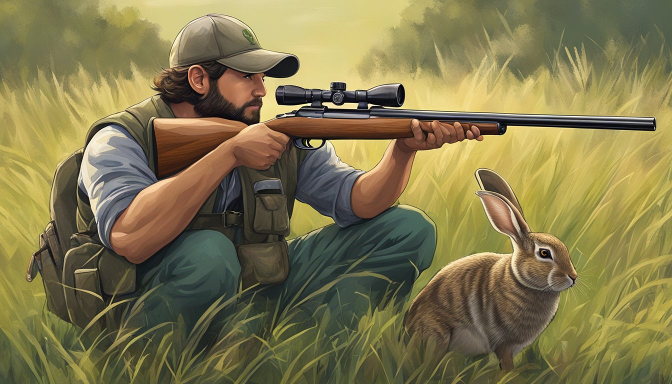 A hunter with a shotgun aiming at a cottontail rabbit in a grassy field