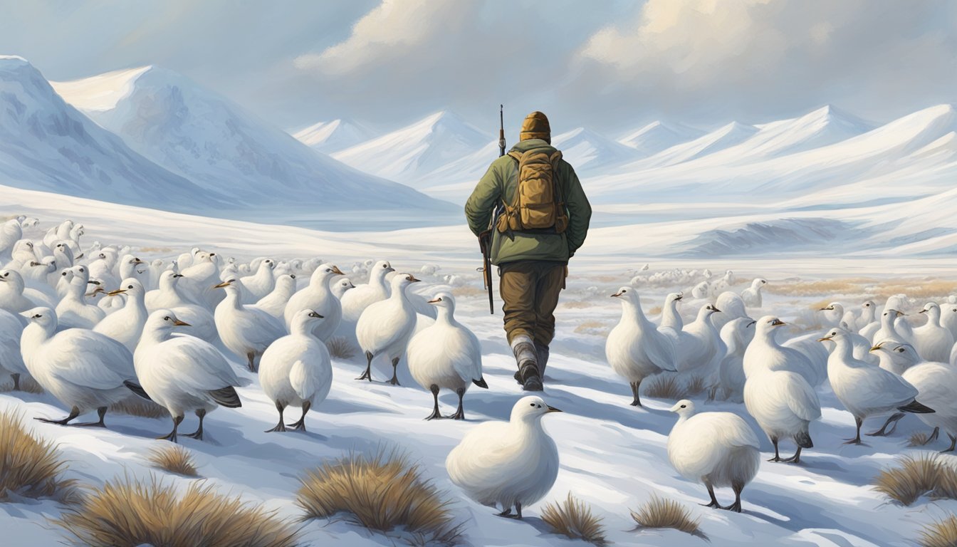 A hunter stalking through snowy tundra, rifle in hand, eyes fixed on a group of ptarmigans blending into the white landscape