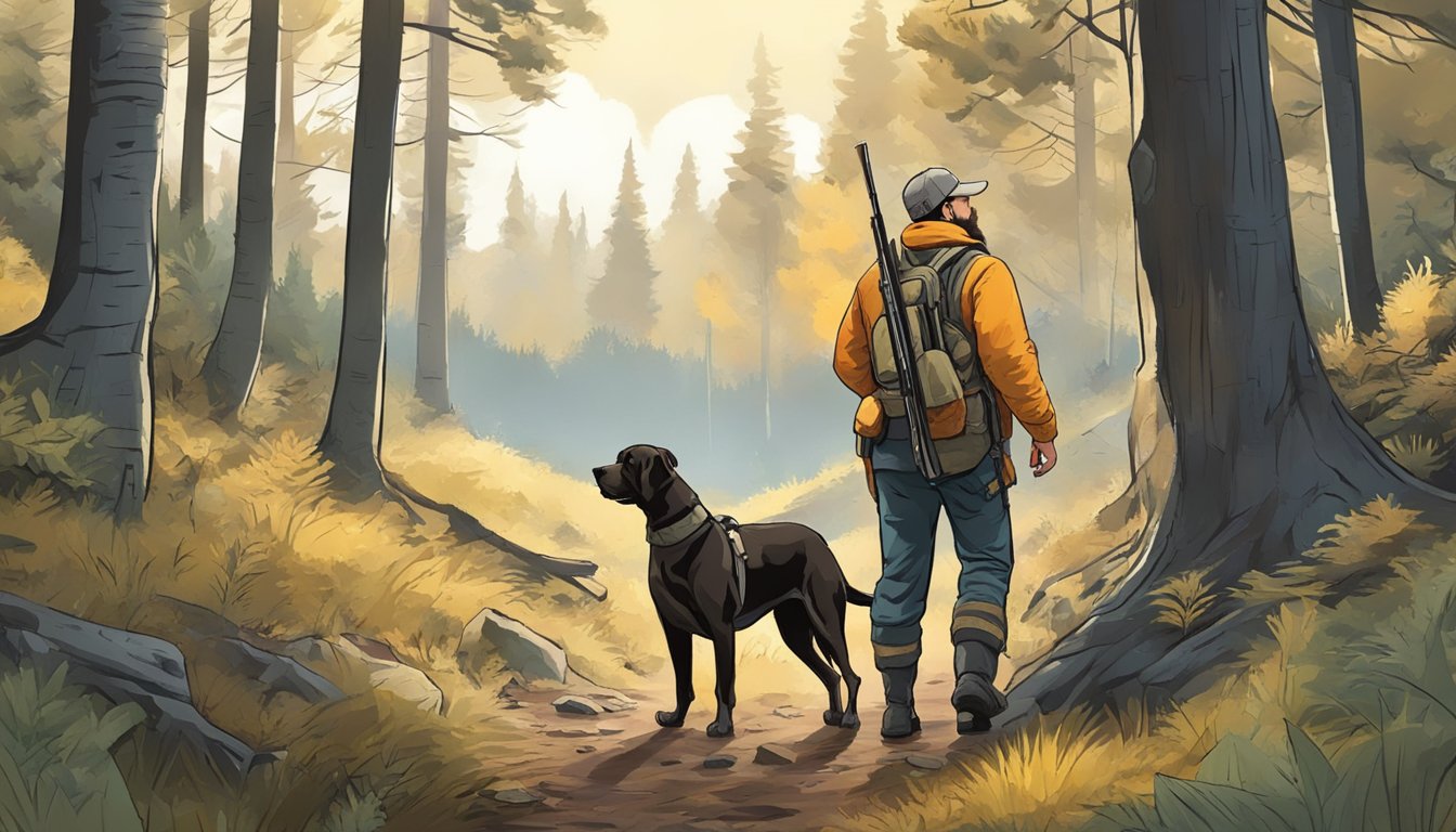 A hunter with a shotgun walking through a forest with a hunting dog, searching for grouse. The dog is sniffing the ground, while the hunter scans the trees