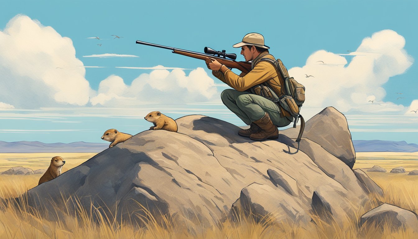 A hunter crouches behind a rock, rifle aimed at a prairie dog colony in the open grassland, with a clear blue sky overhead