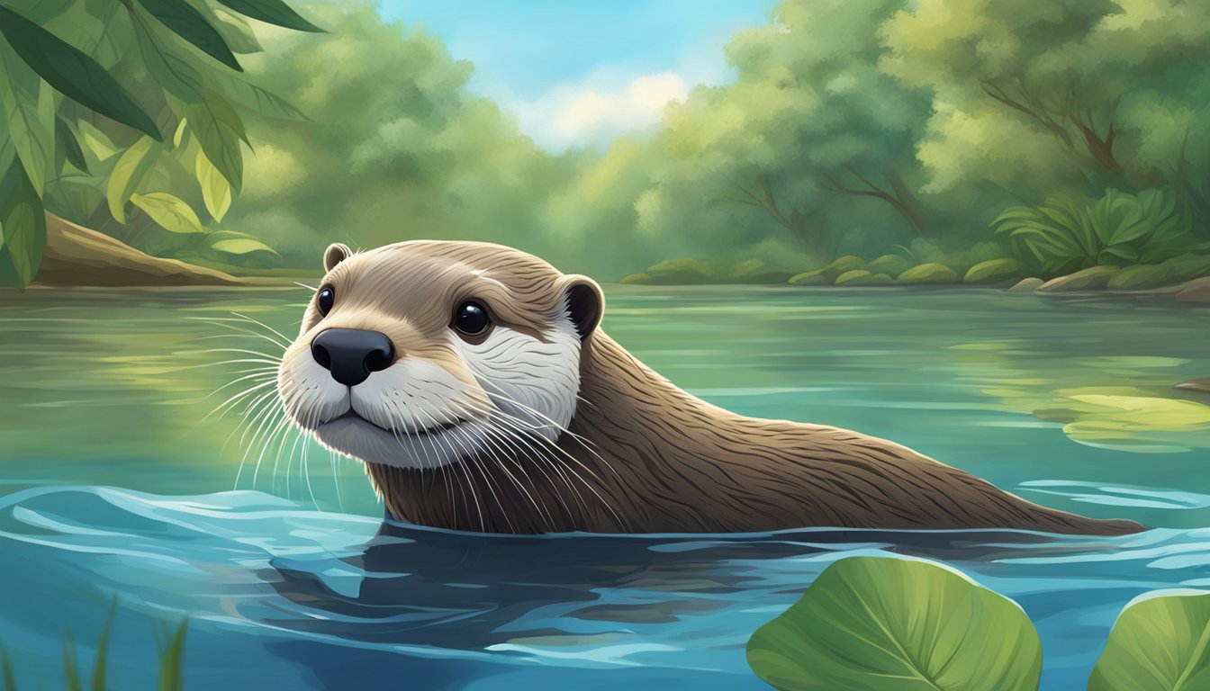 An otter swimming in a tranquil river, surrounded by lush greenery and clear blue skies