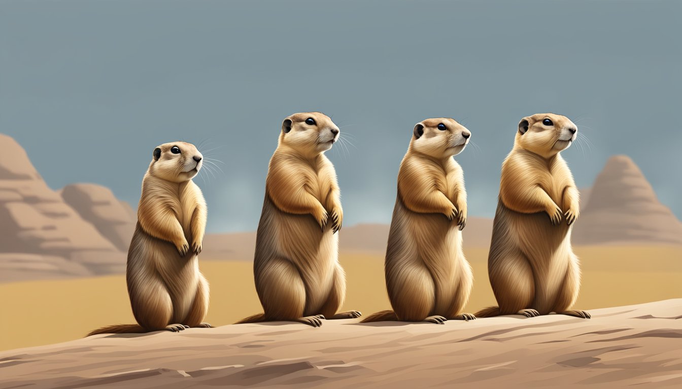 Prairie dogs stand alert, scanning the horizon. One takes the lead, sniffing the air as the others follow, ready to flee at any sign of danger