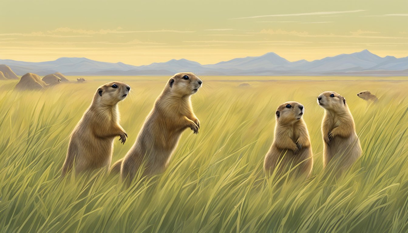 Prairie dogs hunting in grassy field, one standing on hind legs while others watch