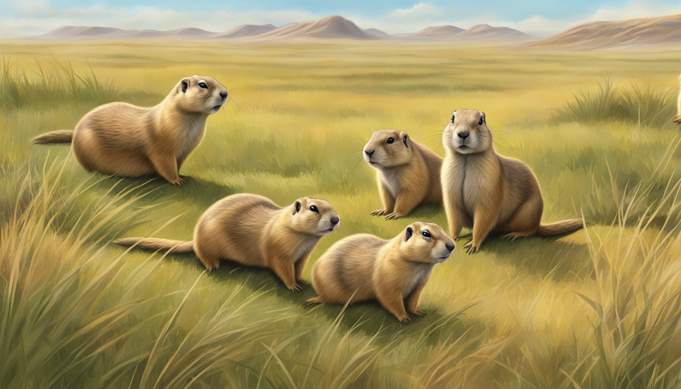 Prairie dogs scurry across the open grassland, alert and focused, their tails raised as they search for prey