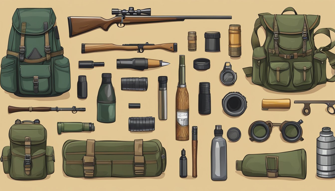 A hunter's gear laid out on a wooden table: camouflage clothing, a rifle, ammunition, a hunting knife, and a pair of binoculars