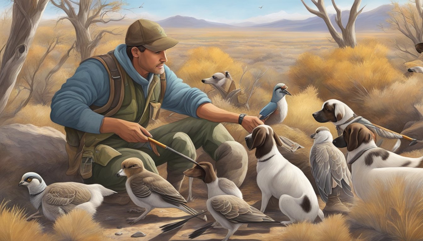 A hunter cleans and plucks chukar birds, while a dog rests nearby