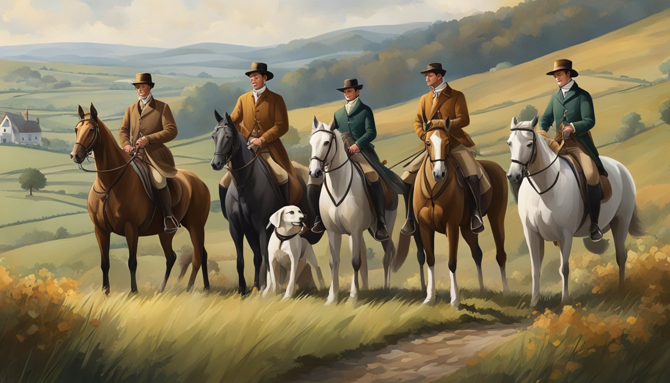 A group of riders in traditional hunting attire gather with hounds in a countryside setting, surrounded by rolling hills and a sense of tradition and social gathering