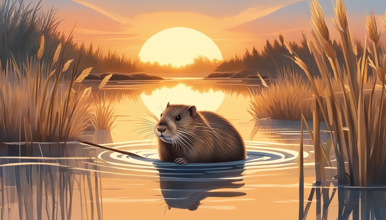 A muskrat swims towards its den in a marshy habitat, surrounded by cattails and reeds. The sun sets in the background, casting a warm glow on the scene