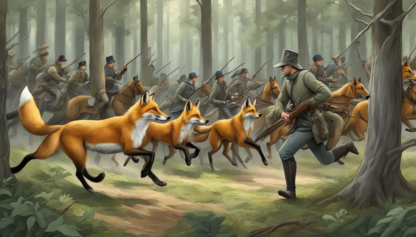 A fox fleeing through a forest, pursued by a group of mounted hunters and a pack of hounds