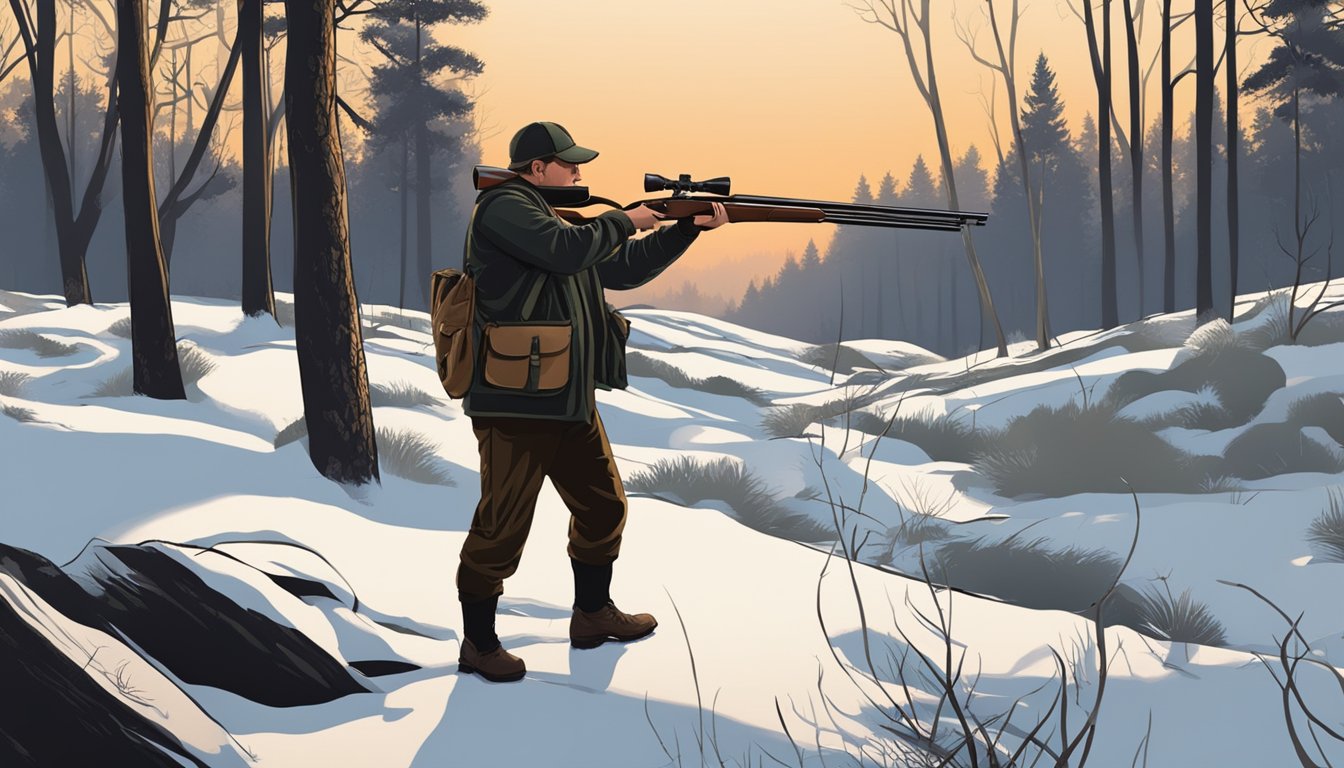 A hunter loads a shotgun in a wooded area at dawn