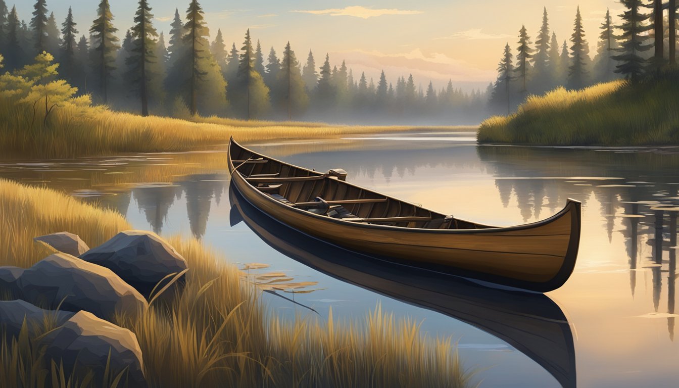 A wooden canoe loaded with trapping equipment and supplies on the edge of a calm, marshy river at dawn