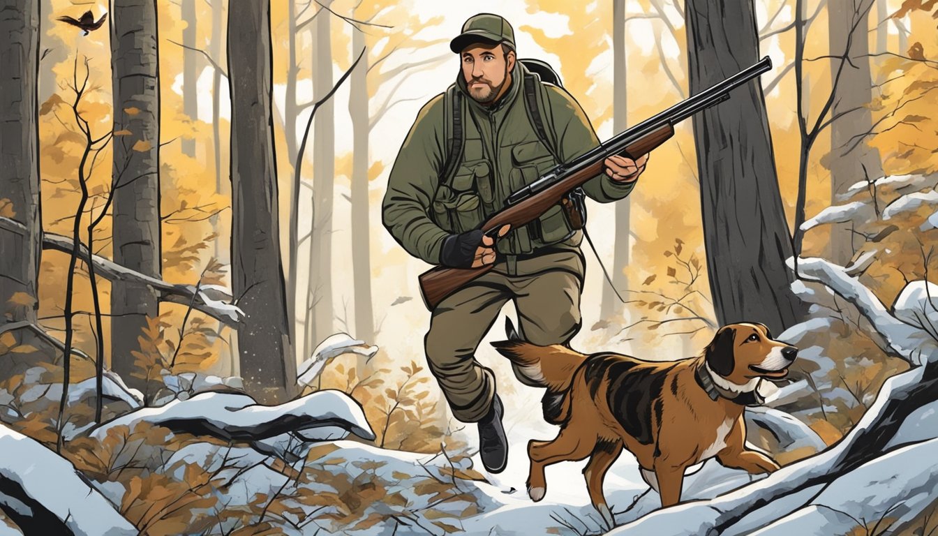 A hunter with a shotgun walks through a dense forest, following a hunting dog's lead, as a woodcock takes flight