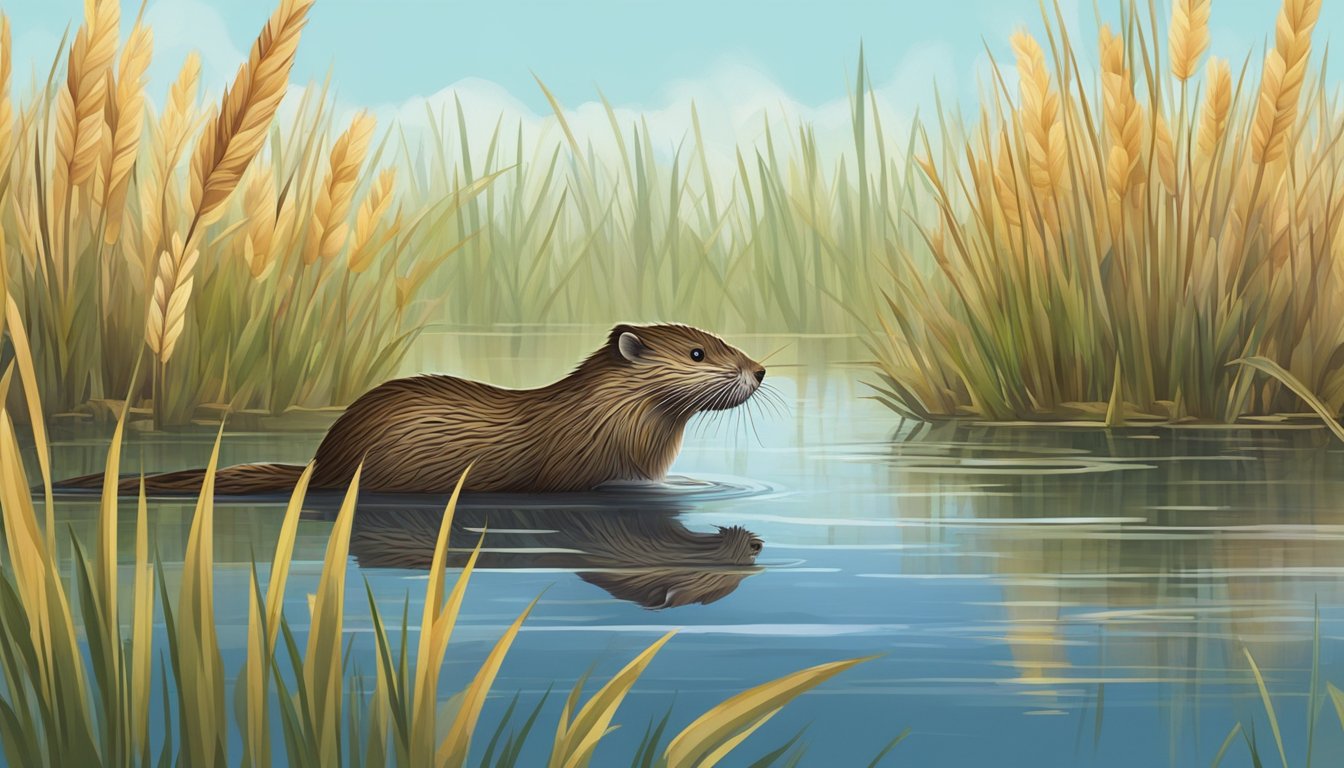 A muskrat swimming in a shallow marsh, surrounded by cattails and reeds. A heron patiently stalks nearby, waiting for an opportunity to catch its own prey